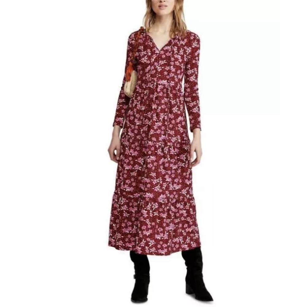 Free People Tiers of Joy Dress Size Medium Burgundy Pink Floral Long Sleeve Maxi